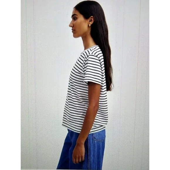 Madewell Womens Cotton Perfect Striped Crewneck Tee in White/Black NS582 - Picture 2 of 8